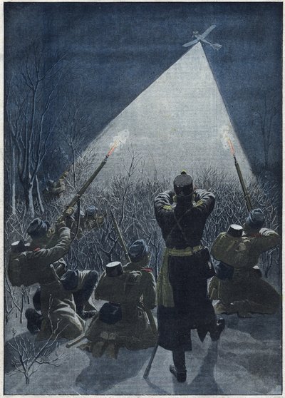 1913: على حدود غاليسيا، النمساويون يطلقون النار على الطيران الاستطلاعي الروسي (مضاد للطائرات) بواسطة فنان غير معروف