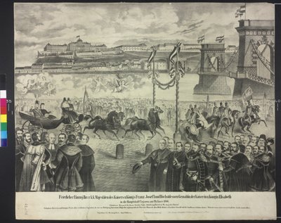 وصول الزوجين الإمبراطوريين إلى مخزن المحكمة في بودابست في 29. يناير 1866 بواسطة فنان غير معروف