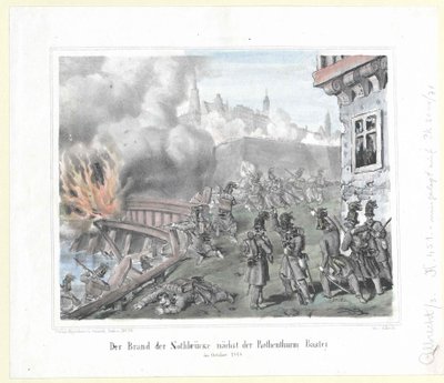 اشتعال النيران في نوثبروكه بالقرب من حصن روتنثورم في أكتوبر 1848 بواسطة فنان غير معروف