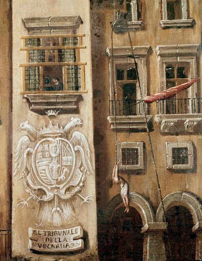 Place of the court of the Vicaria in Naples at the time of the revolution of Masaniello - Detail depicting a man hanging in front of the entrance of the palace - Painting by Ascanio Luciani (ca. 1621-1706) Naples, Museo Nazionale di San Martino بواسطة أسكانيو لوتشياني