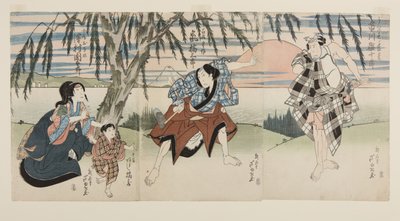الممثلون Ichikawa Ebij؟ R؟ I as Ukisu no Iwamatsu (R)، Arashi Kitsusabur؟ II as the Farmer (Hyakush؟) J؟ Saku (C)، Arashi Kitsuz؟ As J؟ Kichi، Sawamura Kunitar؟ II as J؟ Saku's زوجة (نيويورك؟ ب؟) Okinu (L) (طباعة خشبية ملونة) بواسطة أشيوكي جيجادو