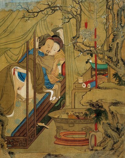 الفن الآسيوي: مشهد شهواني. زوجان أثناء فعل الحب في السرير. الرسم على الحرير من القرن الثامن عشر. مجموعة خاصة بواسطة المدرسة الآسيوية