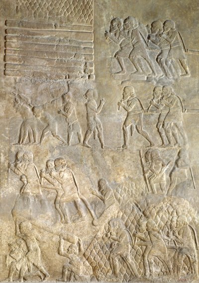 إغاثة تصور الحمالين الذين يجلبون الخشب إلى الساحل للنقل عن طريق البحر. من قصر سرجون الثاني ، خورس آباد ، العراق بواسطة Assyrian