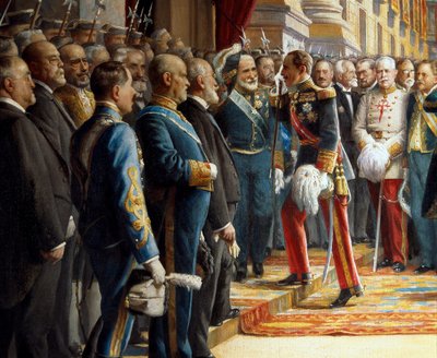 افتتاح الكورتيس في مجلس الشيوخ ، بالتفصيل ألفونسو الثالث عشر ملك إسبانيا (1886-1941) يحيي أنطونيو مورا إي مونتانير (1853-1925) عند دخوله مجلس الشيوخ ، 24 يونيو 1920 بواسطة أستيريو مانانوس مارتينيز