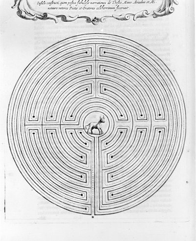 متاهة Cnossos التي صممها Dedale - في الوسط يوجد minotaur - "Turris Babel" بواسطة Athanase Kircher - أمستردام بواسطة Athanasius Kircher