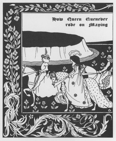 Arthurian Legend: "" Queen Guenievre Queen of May "" نقش في "" The Morte of Arthur "للسير توماس مالوري ، طبعة مصورة من قبل أوبري بيردسلي (1872-1898) 1893-1894 (أسطورة آرثر: الملكة جينيفير (جينيفير) ماياينغ ، التوضيح من قب بواسطة اوبري بيردسلي
