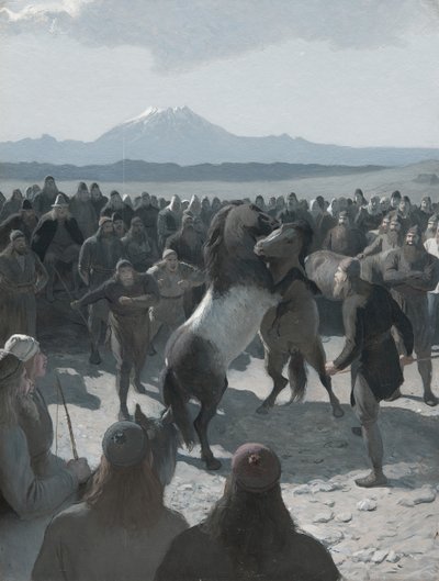 قصة Burnt Njáll: The Horse-Fight في Hliðarendi ، 1880. بواسطة أغسطس Malmström