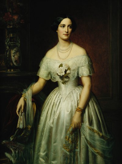 صورة لسيدة واقفة بطول ثلاثة أرباع ترتدي فستانًا أبيض ، 1851 و 1876 بواسطة August Schiott