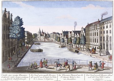 Vue of Kleveniers Canal، Amsterdam، c.1740-1770 (نقش ملون يدويًا) بواسطة أغسطس فيندل