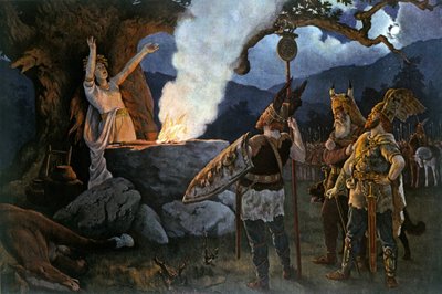 يستشير المحاربون السلتيون كاهنة. لوحة أوغسطس ديفنباخر. بواسطة أغسطس فيلهلم ديفنباخر