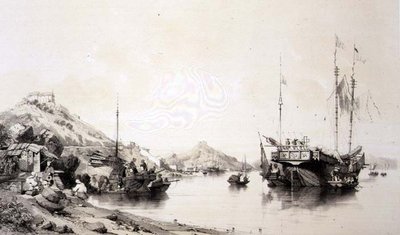 ساحل ماكاو عند هاي تايد ، اللوحة 12 من "اسكتشات الصين" ، نقشها يوجين تشيشيري (1813-90) 1842 (ليثو ملون) بواسطة أوغست (بعد) بورجيت