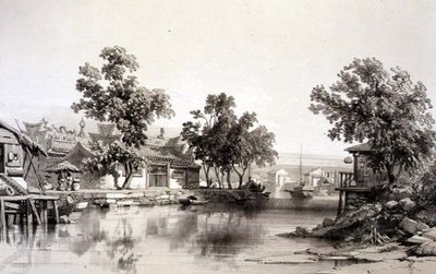 معبد وقناة هونان ، اللوحة 29 من "اسكتشات الصين" ، نقشها يوجين سيسيري (1813-90) 1842 (ليثو ملون) بواسطة أوغست (بعد) بورجيت
