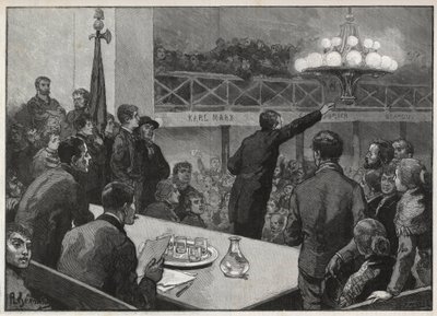 اجتماع للإضراب في Vooruit في عام 1885 - نقش عام 1885 "Le monde اللامع" - رسمه Gerardin بواسطة أوغست (بعد) جيراردين