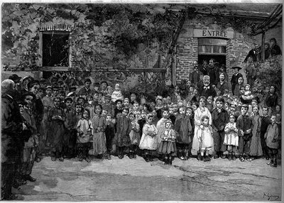 فيكتور هوغو (1802-1885) مع الأطفال الفقراء من Veules en Caux (Veules-en-Caux) الذين قدم لهم مأدبة يوم 24 سبتمبر 1882. نقش بواسطة Gerardin في "" Le Monde Illustré "" رقم 1333 من 14 أكتوبر 1882. بواسطة أوغست (بعد) جيراردين