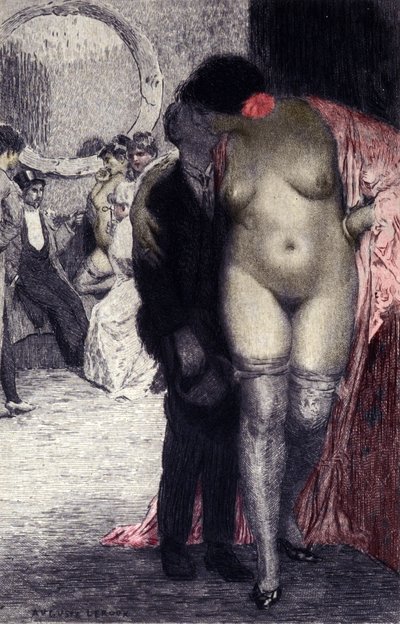 داخل بيت دعارة فرنسي (بيت دعارة). زبون مع مومس. رسم توضيحي لأوغست ليرو (1871-1954) بواسطة أوغست (بعد) ليروكس