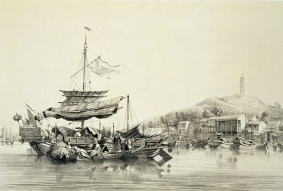 هونغ شانج ، اللوحة 17 من "اسكتشات الصين" ، نقشها يوجين سيسيري (1813-90) 1842 (ليثو ملون) بواسطة أوغست بورغيت