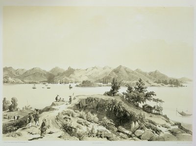 خليج وجزيرة هونغ كونغ ، اللوحة 4 من "اسكتشات الصين" ، نقشها يوجين سيسيري (1813-90) 1842 (ليثو ملون) بواسطة أوغست بورغيت