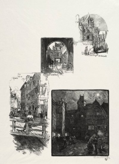 روان مصور: Rue des Charretes ، Rue de Halage ، Rue Eau de Robec ، Place des Arts ، 1896. بواسطة أوغست لويس ليبيري