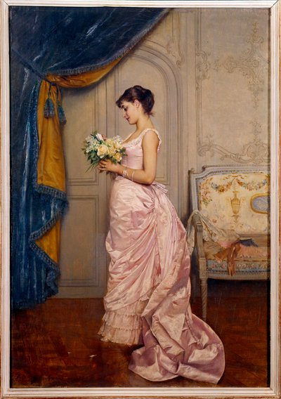 Sweet Ticket شابة تقرأ رسالة حب من أحد المعجبين بباقة من الزهور. رسم أوغست تولموش (1829-1890) 1883 صن. 0،66x0،45 م نانت ، متحف الفنون الجميلة بواسطة أوغست تولموش