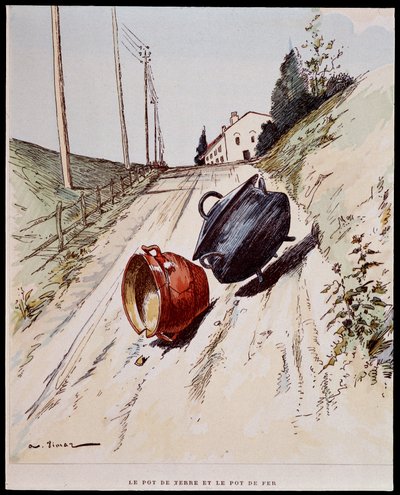 القدر الفخاري والإناء الحديدي - في "" Les Fables de La Fontaine "" ، سوء. بواسطة Auguste Vimar (1851-1916) ، جولات ، في A ، Mame & Fils بواسطة أوغست فيمار