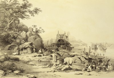 قوارب منزلية على خليج كولون ، اللوحة 6 من اسكتشات صينية ، محفورة بواسطة يوجين سيسيري (1813-90) 1842 (ليثو ملون) بواسطة أوغست بعد بورجيت
