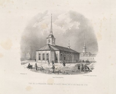 فيف أول كنيسة القديس إسحاق الأولى عام 1710 من: بناء كاتدرائية القديس إسحاق ، 1845 بواسطة أوغست دي مونتفيران