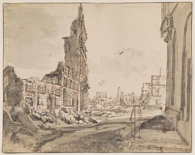منظر على الزوايا الشمالية الشرقية والشمالية الغربية من Grand Place بعد قصف عام 1695 بواسطة أوغسطين كوبينز