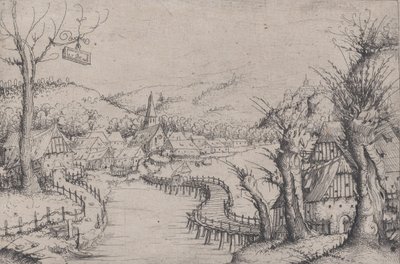 منظر طبيعي للنهر مع ثلاث أشجار صفصاف عارية على اليمين وجسر خشبي طويل متعرج في ... ، 1546. بواسطة أوغسطين هيرشفوغل