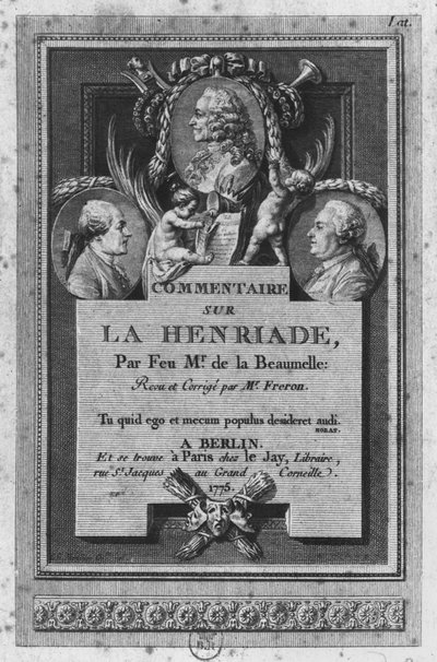 صورة في الجزء الأمامي من شرح بقلم la la Beaumelle من "La Henriade" بقلم فولتير ، تم تنقيحه وتحديثه بواسطة Freron ، نشر في برلين وباريس ، 1775 بواسطة أوغسطين دي سانت أوبين