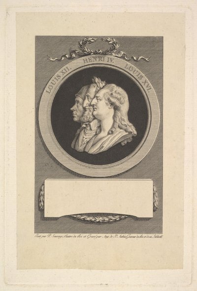 صورة لويس السادس عشر وهنري الرابع ولويس الثاني عشر 1791. بواسطة أوغسطين دي سانت أوبين