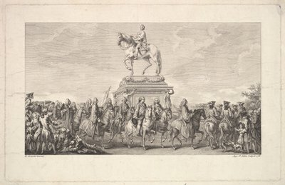 تدشين تمثال لويس الخامس عشر ، نقوش على الصفحة 1 ، من الوصف des Trava ... ، 1766. بواسطة أوغسطين دي سانت أوبين