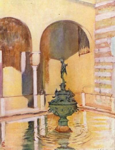 نافورة في حديقة الكازار، إشبيلية (طباعة حجرية ملونة) بواسطة أوغسطين فيتزجيرالد