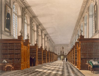 داخل مكتبة كلية ترينيتي ، كامبريدج ، من تاريخ كامبريدج ، نقشها دانيال هافيل (1785-1826) ، حانة. بواسطة R. Ackermann ، 1815 (ألوان مائية) بواسطة أوغسطس تشارلز بوجين