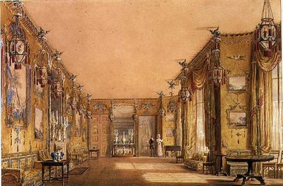 الجزء الداخلي من غرفة الرسم الصفراء في برايتون بافيليون ، حوالي عام 1820 (ألوان مائية وغواش على ورق) بواسطة أوغسطس تشارلز بوجين