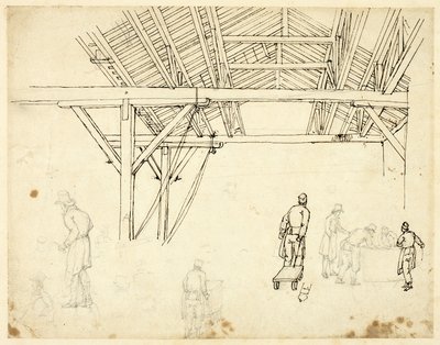 دراسة مرفوضة ، من المحتمل أن تكون من أجل رسم توضيحي للمنزل المخصص ، من Microcosm of London (وجه الصفحة) ؛ اسكتشات العمال بالبراميل (ظهر) بواسطة أوغسطس تشارلز بوجين