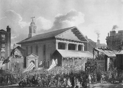 كنيسة القديس بولس ، سوق كوفنت غاردن ، خلال انتخابات وستمنستر عام 1808 عام 1911 بواسطة أوغسطس تشارلز بوجين