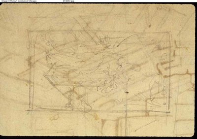 دراسة لغرفة المعارض ، Somerset House ، من Microcosm of London (وجه الصفحة) ؛ رسم تخطيطي للوحة: مادونا والطفل (ظهر) بواسطة أوغسطس تشارلز بوجين