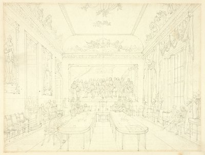 دراسة لـ Trinity House ، من Microcosm of London (وجه الصفحة) ؛ رسم معماري لواجهات منازل الصف (ظهر) بواسطة أوغسطس تشارلز بوجين