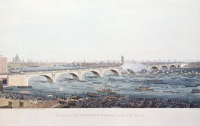 افتتاح جسر واترلو في 18 يونيو 1817 ، حفره أ. بوجين من رسم رسمه دبليو فيندلاتر ، نقش بواسطة ر. هافيل أوند سون ، 1818 (نقش الألوان) بواسطة أوغسطس تشارلز بوجين