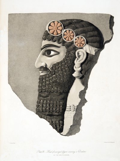 رأس لشخص مجنح يرتدي إكليل ، من آثار نينوى ، حانة. 1849 بواسطة أوستن هنري لايارد