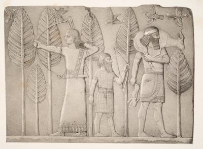 صيادون مع الغزال والأرنب البري والطيور (خورس آباد) ، من آثار نينوى ، حانة. 1849 بواسطة أوستن هنري لايارد
