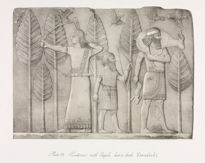 آثار نينوى: اللوحة 32 ، الصيادون مع الغزال ، هير والطيور خورس آباد ، 1853. بواسطة أوستن هنري لايارد