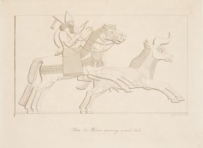 محارب يطارد ثورًا بريًا ، من آثار نينوى ، حانة. 1849 بواسطة أوستن هنري لايارد