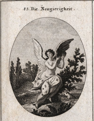 Allegorie de curiosite ممثلة بستائر منقطة بالأذنين والعينين. الأجنحة مرتفعة النقش في "" الأيقونات أو الأفكار من مجال المشاعر والرموز الموضحة للرسامين والرسامين والشعراء والعلماء والمعلمين و بواسطة المدرسة النمساوية