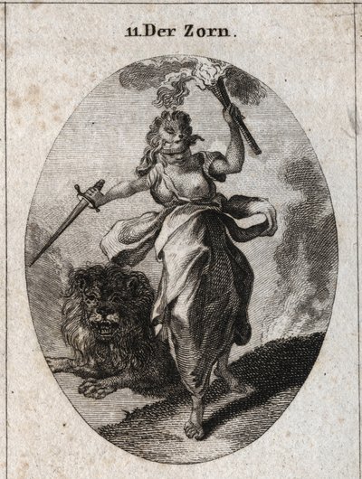 رمزية الغضب ممثلة في موقف مضطرب ، معصوب العينين ، سيف وشعلة في اليدين. وهي مغطاة بجلد الدب والأسد وراءها هو التهاب الغضروف. نقش في Iconologie oder Ideen aus dem Gebiete der Leidenschaften und Allegorien بواسطة المدرسة النمساوية