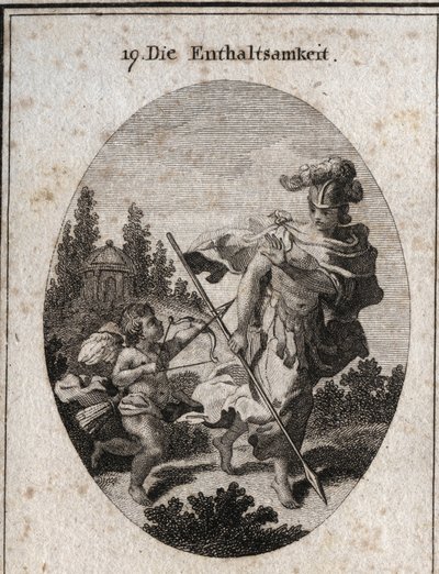 Allegory of continence, heroic virtue represented as a warrior with a helmet and a spear turned towards the earth. She avoids fighting passions (represented by love) and defends herself from their atraits to preserve her chastete. Engraving in “” Iconologi بواسطة المدرسة النمساوية