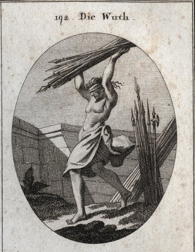 رمزية الغضب. معصوب العينين ، ألقت شعاعًا من أنواع مختلفة من الأسلحة لإعلان انتصارها في الحرب والمذابح والمعارك. النقش في أيقونات "" أو أفكار من عالم المشاعر والرموز الموضحة لزيك بواسطة المدرسة النمساوية