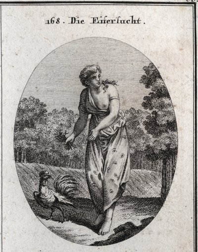 استعارة الغيرة على شد الأذن من جهة ومشاهدة ما يحدث من جهة أخرى. ثوبها منقّط بالعيون والأذنين وباقة الأشواك التي تعتقد أن عذابها طوعي. الديك الغيور واليقظ هو رمزه. إنجرافين بواسطة المدرسة النمساوية