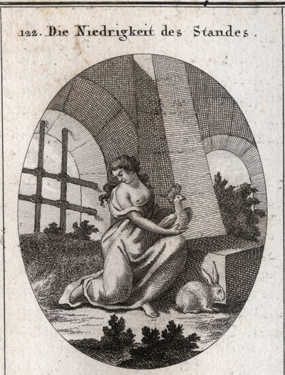استعارة الدناءة (أو الدناء). صفاته هي الهدهد الذي يتغذى على الفضلات والأرنب الذي هو حيوان خجول. النقش في أيقونات "" أو أفكار من مجال العواطف والرموز الموضحة للرسام ، ماهلر بواسطة المدرسة النمساوية