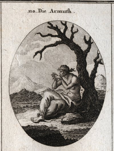 Allegory of poverty sitting at the foot of a dry tree growing in arid terrain. Her feet and hands are tied and she tries to undo her ties with her teeth; Engraving in “Iconologie oder Ideen aus dem Gebiete der Leidenschaften und Allegorien bildich dargeste بواسطة المدرسة النمساوية